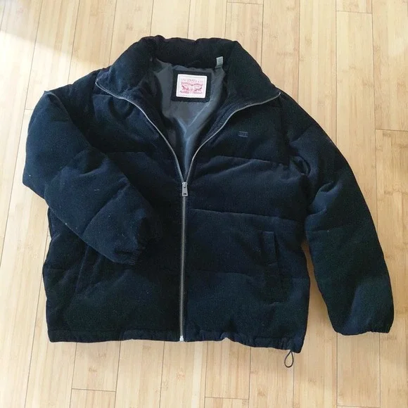 Levis Puffer Corduroy Jacket Vintage LARGE Black Cinch Waist Y2K Academia Preppy - Picture 1 of 12